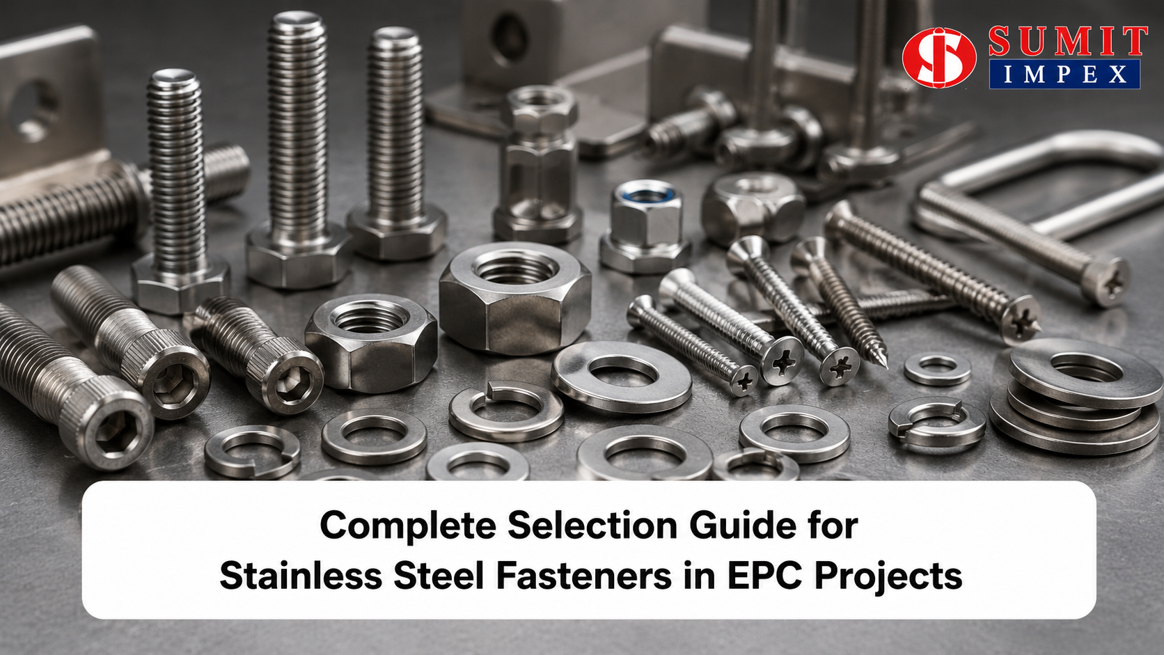 Stainless steel fasteners including bolts, nuts, screws, and washers.